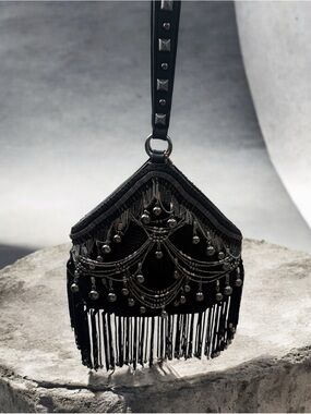 NWT! Mary Frances Beaded Fringe Pouchette Swag Bag in Black Perforated Nubuck